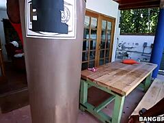 ebony girl sucks monster black cock in the kitchen, deepthroating and blowing