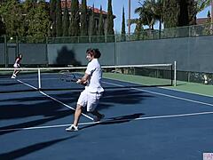 Tennis coach surprised by student's smooth pussy, leading to blowjob and riding.