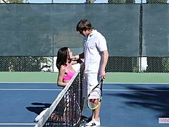 Tennis coach surprised by student's smooth pussy, leading to blowjob and riding.
