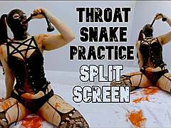 Goth slut with tattoos gags on dildo and spits in messy lesbian scene