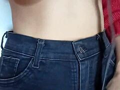 Playing with belt spanking natural tits suggestively