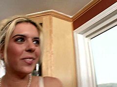 hung stud gets his hard cock sucked by blonde babe kodi gamble in the kitchen then fucks her.