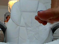 This babe shows off her awesome shaved pussy while masturbating