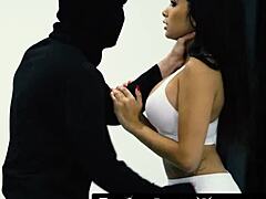 Young beauty Hailey Little bound in rough domination doggy style before facial