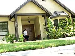 bald guy bangs tattooed slut on couch