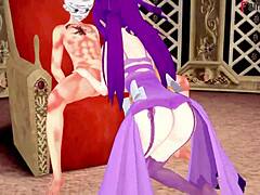 Scathach and Skadi engage in fantasy sex on throne in anime style.