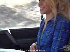 Skinny blonde masturbates on the road