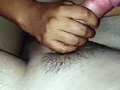 Latina wife sucks husband's big white cock intensely before riding him to cum in condom