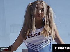 Hot blonde Latina cheerleader gets pigtails pulled