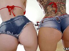 Glam blonde babes Blanche Bradburry and Paola Hard intensely share a monster cock