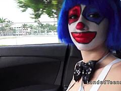 POV blow job outdoors with clown