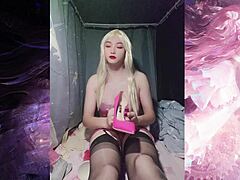 Selena Sister's shemale in glitter pink tube top masturbates with a big dick, leading to intense assfucking and cumshot