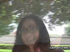 latina teen flashing tits and gagging on cock outdoors
