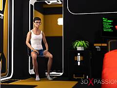 3Dディックガールアンドロイドがセクシーな若い18+ブロンドのビッグアス巨乳を乗せてSFベッドルームで