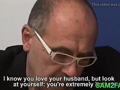 Sex therapist helping mature patient with bisexual cumshot