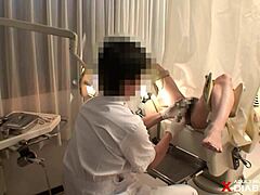 Spying on 19-year-old beautiful Japanese apparel clerk patient by harassing gynecologist doctor in hospital voyeur scene.