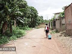 This ebony beauty is having great sex with a stranger in doggystyle and missionary.