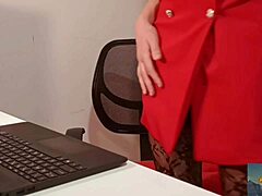 European secretary with shaved pussy and ass gets fucked by colleague in office, hairless and sexy.