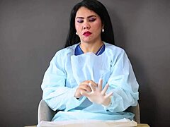 A nővér orvosi latex kesztyűt használ a betegén a kórházban. Gumis fetis játék bontakozik ki gondosan.