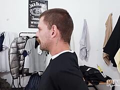 Sucking soccer partner in locker room.