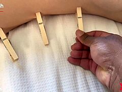 meela experiences bdsm with clothespins in pov before riding big black cock
