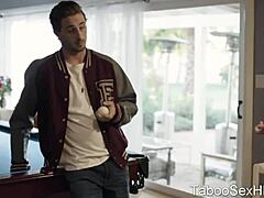 Brunette sexy girl fucks football player with intense sucking and blowjob!