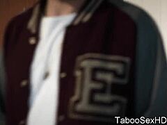 Brunette sexy girl fucks football player with intense sucking and blowjob!