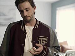 Brunette sexy girl fucks football player with intense sucking and blowjob!