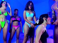 Deep blowjob at interracial party with big black cocks