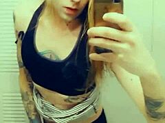 cute transsexual in miniskirt masturbating her small cock