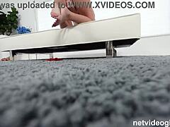 Goddess with bubble butt gives blowjob on sofa