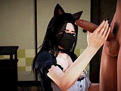 goth catgirl maid in cosplay gives handjob and blowjob to her master