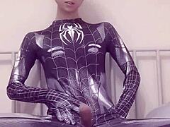 Gay Asian teen masturbates like Spiderman