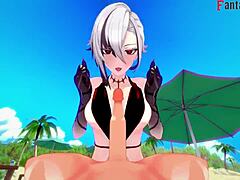 arlecchino dives into intense bikini sex on the beach in this 3d genshin impact fantasy