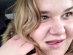Huge facial covers the cute curvy BBW blonde girlfriend with big natural tits during bad weather.