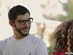 The brunette masseuse provides a relaxing massage for the young guy