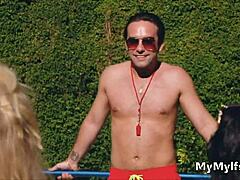 pool guy fucks slutty milfs in threeway choking 😜