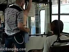 Public bus romp for cute couple