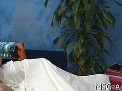 This oiled teen babe gets a massage that leads to blowjob and pussy fucking