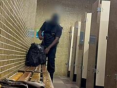 Security guard joins outdoor public fun in the toilet with eager guys.