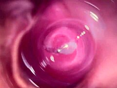 Camera goes deep inside mias tight creamy virgin pussy up close.