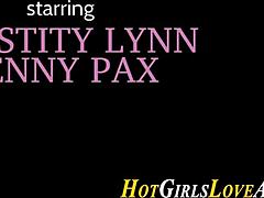 Lesbian babe in heels gets her ass toyed with dildo for first time