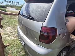 blonde gets bareback fucked in ass and pussy by three guys in car with friend during wild sex session