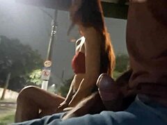 risky outdoor masturbation at the bus stop for a hot redhead