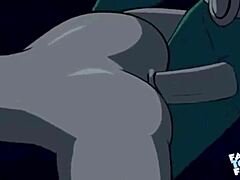 Starfire se poziționează pentru împingerile intense ale lui Robin în doggystyle, culminând într-o explozie facială dezordonată