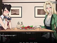 Hey, in Naruto Kunoichi Trainer, Tsunade and Tenten give handjob and footjob in public restaurant? Naruto anime hentai game part 8.