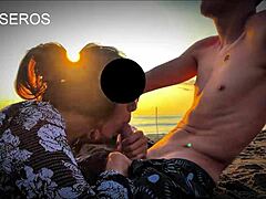 Public beach sex with brunette stranger giving pov blowjob and cum in muscular ass action 😜