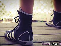 So this teen babe in heels joins a mature lesbian threesome for some fingering and oral fun.