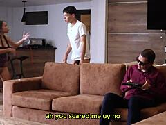 this young brunette got fucked blindfolded next to her dad, cum dripped on him accidentally