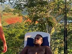 Asian babe rides big black cock outdoors for cum in mouth